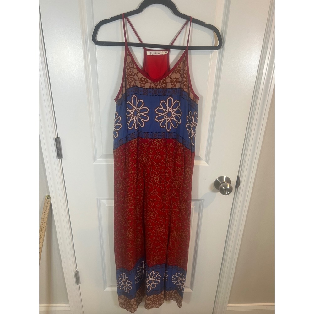 Solitaire Womens Maxi Dress Geometric Mosaic Print Red Blue Size M